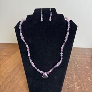 Artisan made Pink Purple White Beaded necklace and dangle earring jewelry set‎